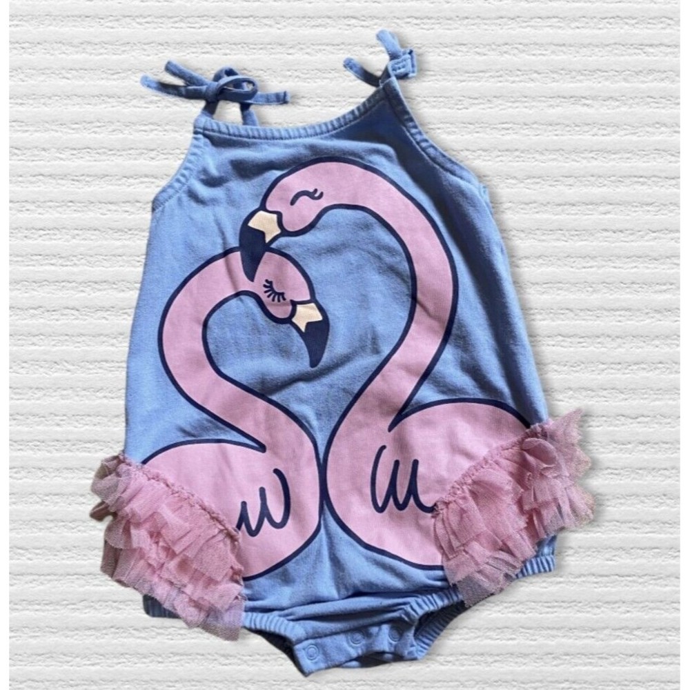 Baby Girl One Piece Swim Sun Suit Flamingos Pink Blue Size 18 Months